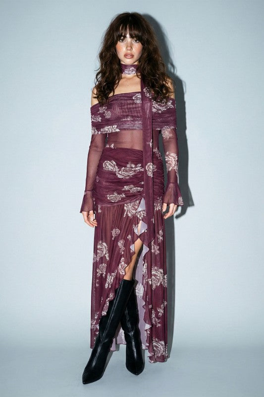 Floral mesh off shoulder