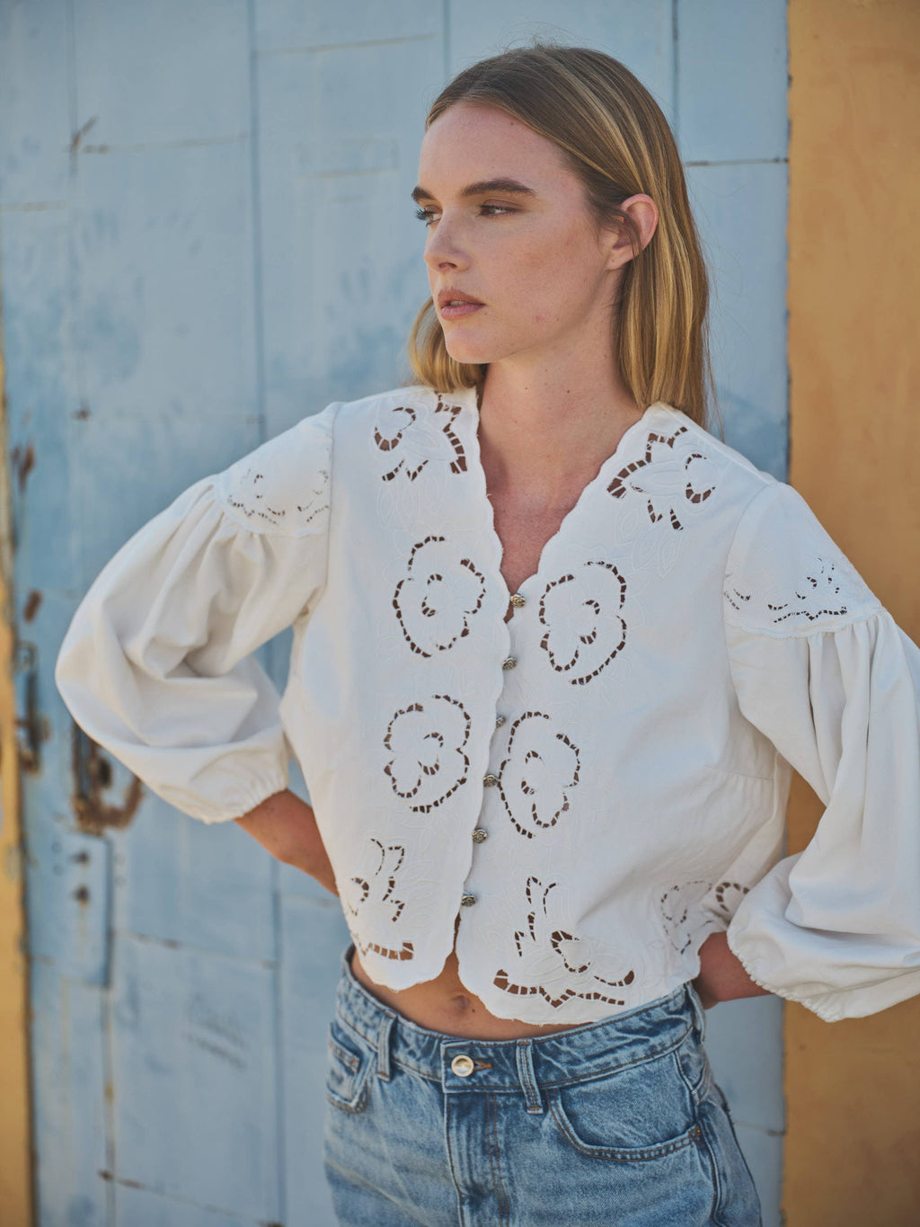 Denim eyelet blouse