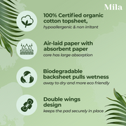 Mila Hygiene: Organic Day Pads - Organic Pads for Women w/ 4-Layer Absorbent Pads Core - Fragrance Free Organic Pads with Wings - Soft Natural Cotton Pads, Sanitary Pads for Women - Day Pads, 16pc