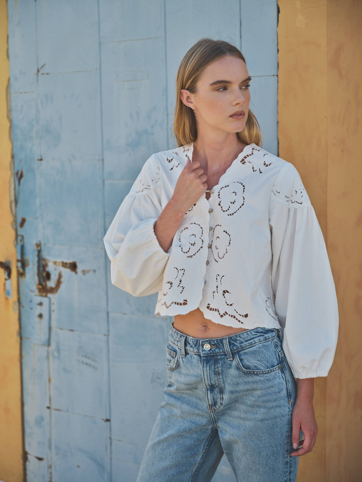 Denim eyelet blouse