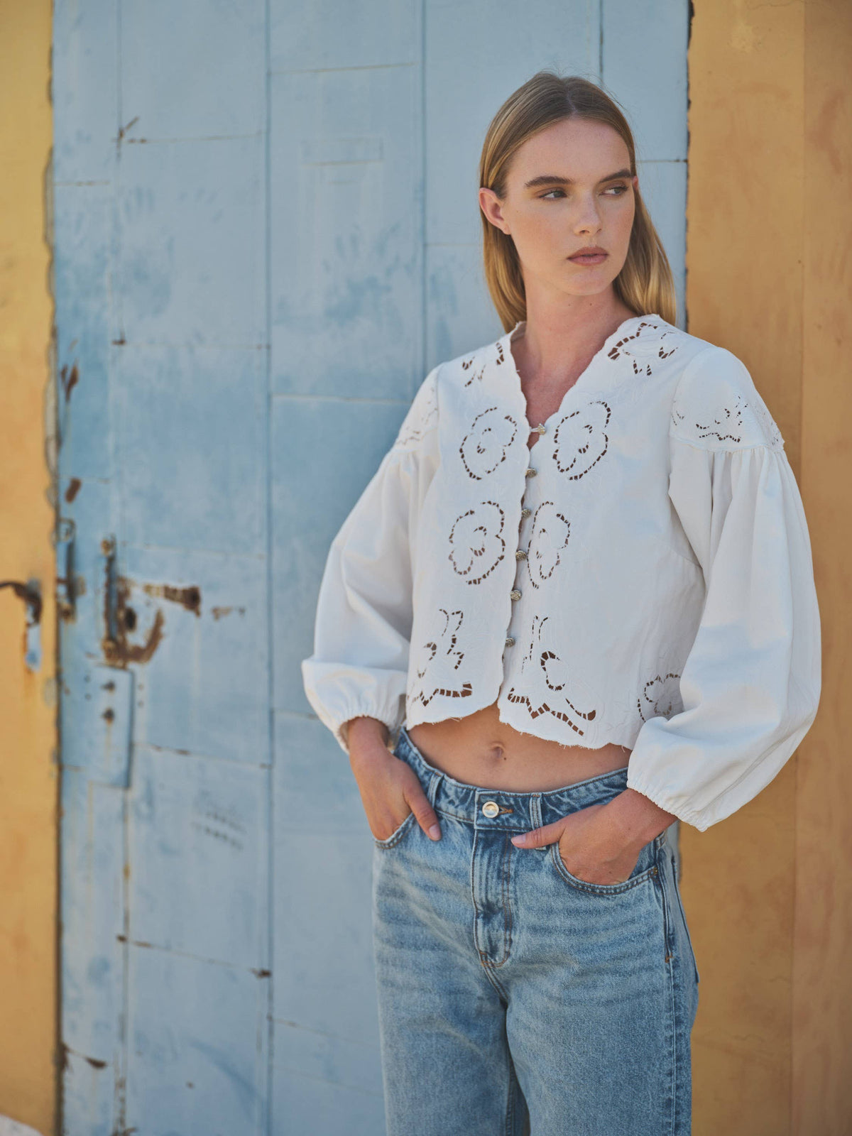 Denim eyelet blouse