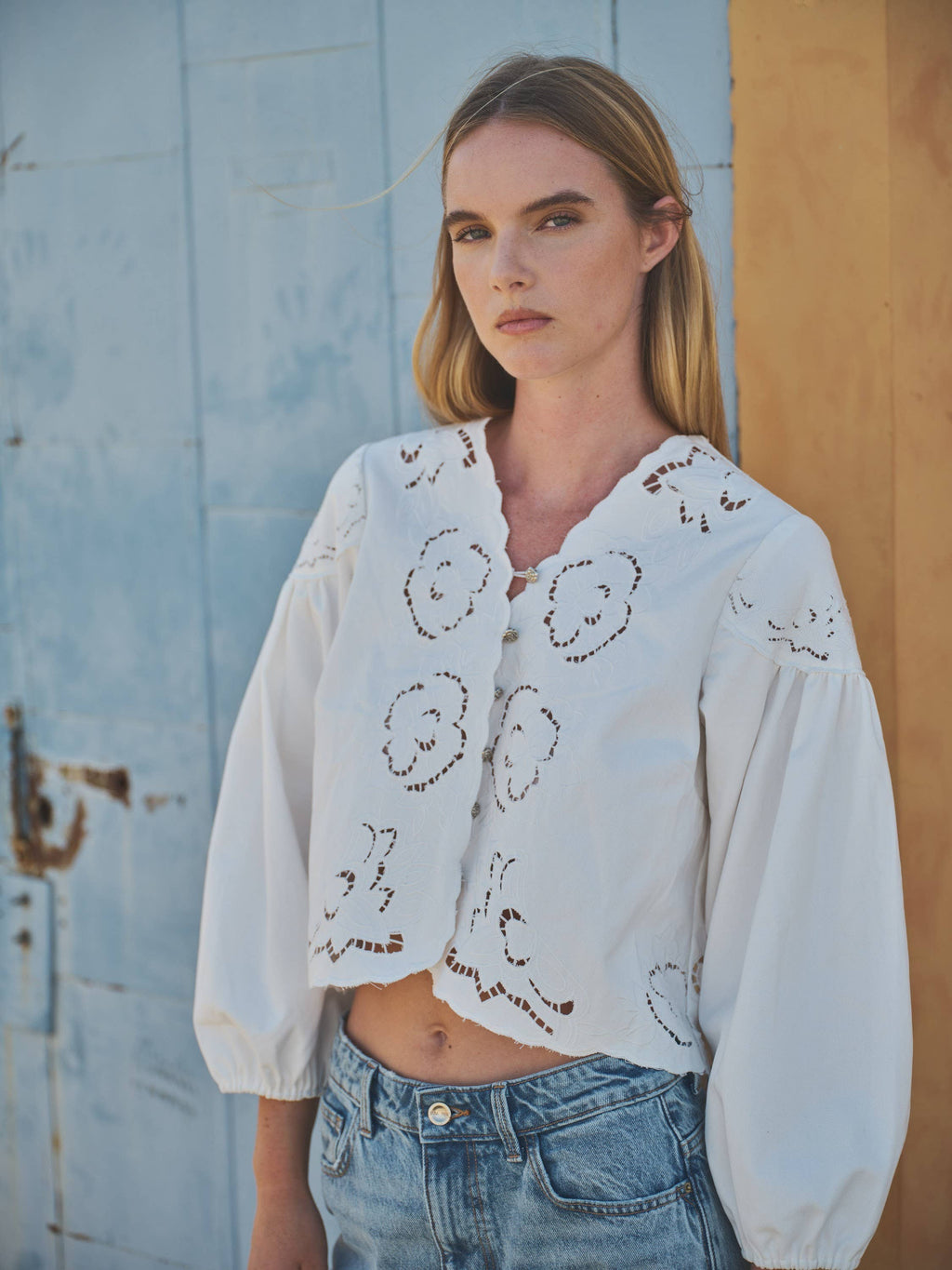 Denim eyelet blouse